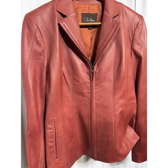 Cole Haan Red Clay Lambskin Full Zip Jacket Sz 8 Front Tailored Moto Blazer - Picture 1 of 9